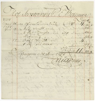 Bellmans krognota. Krognotan, som är obetald, visar att Carl Michael Bellman stod i skuld till Nils Otter för bland annat nio buteljer rhenskt vin, två buteljer ”Mosell win”, en butelj fin arrak samt förtäring.