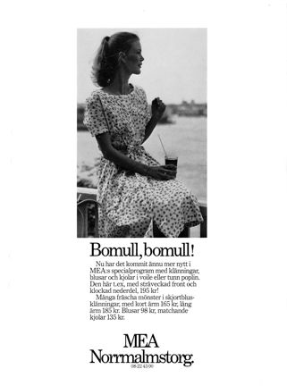 Svart text och bild på vit bakgrund med en kvinna i klänning. 