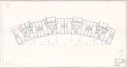 Planritning till våningarna 3-8, ritad som en våning då de är utförda på samma sätt. Våningen innehåller lägenheter om 2 rum med kokvår och 4 till 6 rum och kök.
