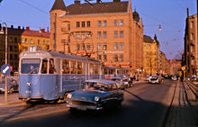 Spårvagn på linje 1 på Skånegatan strax efter Götgatan 1964