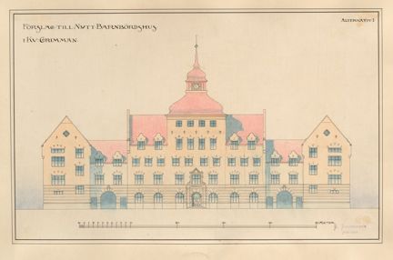 F&#xE4;rglagd fasadritning, huvudfasadens sida mot &#xF6;ster. Ljusgul fasad och r&#xF6;tt tak. 