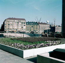 Plantering vid andra Hötorgshuset. Vy över byggarbeten vid Sveavägen mot kv. Grävlingen och Hästskon