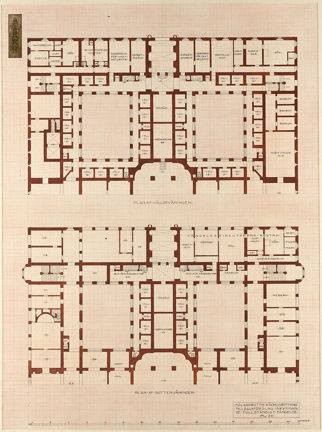 Planritning i tusch och akvarell på papper