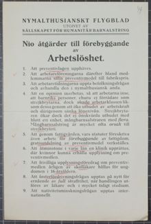 Nio åtgärder till förebyggande av Arbetslöshet - flygblad från Sällskapet för Humanitär Barnalstring 1922