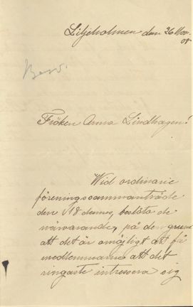 Brev från Eine Pettersson till Anna Lindhagen 1908