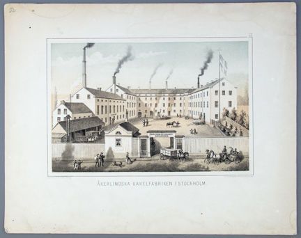 Grafiskt blad tryckt i två tonfärger utöver svart föreställande Åkerlindska kakelfabriken i Stockholm