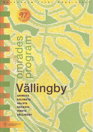 Framsida områdesprogrammet med grön och svart text mot förenklad design av gatunät i grönt och gult