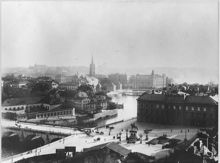 Utsikt  från Jakobs kyrka mot Helgeandsholmen under rivningen omkring 1890