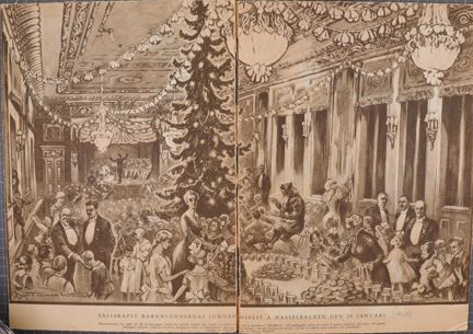 Tecknad bild av Sällskapet Barnavännernas julfest på Hasselbacken 1920