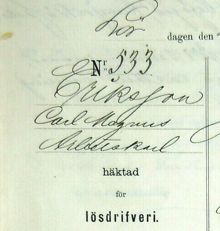 Arbetskarlen Carl Magnus Eriksson, 68, häktad för lösdriveri 4 september 1886 - polisförhör