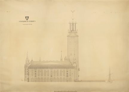 Ritning i stort format av stadshuset, fasad mot väster med Västpartiet närmast betraktaren, i tusch på gulnat papper