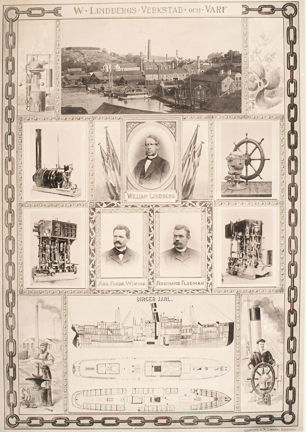 Collage med illustrationer över Södra varvet och porträtt på människor som arbetade på varvet