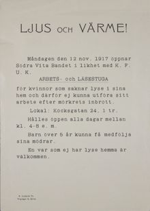 Inbjudan till arbets- och läsestuga för kvinnor som ”sakna lyse i sina hem” - Vita bandets södra förening1917