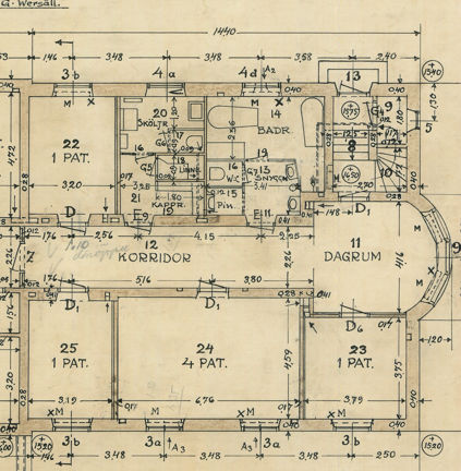 Ritning, paviljong 10B, för rumspatienter, bottenplan, Beckomberga sjukhus, utsnitt