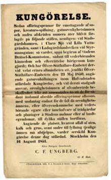 Kungörelse. Sedan afföringspråmar för emottagandet af sopor, kreaturs-spillning, gatuorenlighetsämnen och andra afskräden numera åter blifvit förlagde...Stockholm den 16 augusti 1851