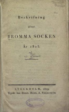 Försättsblad till boken "Beskrifning öfver Bromma".