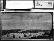Fotografi av oljemålning Stockholm från Kastellholmen från 1707 av okänd konstnär. (Swiddes kopparstick i Suecia Antiqua förebild)