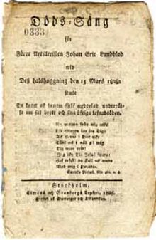 Döds-sång för förre artilleristen Johan Eric Lundblad wid dess halshuggning den 15 Mars 1828: jemte en forrt af honom sjelf meddelad underrättelse om sitt brott och sina öfriga lefnadsöden