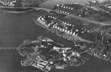 Flygbild över Lilla Essingen och västra Kungsholmen mot nordväst