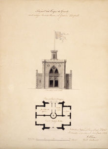 Project till Corps de Garde med Nödige Embets Rum på Galere Warfwet. Stockholms Station af Kongl. Maj:ts Flottas Mechaniska Departement d.26 Martii 1832. F. Blom, öfverste Lieutenant.