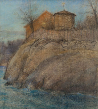 Pastell av prins Eugen som föreställer Waldemarsudde sedd från vattnet 1892.