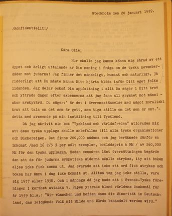 Sven Hedins brevsvar till Olof Lamm den 20 januari 1939