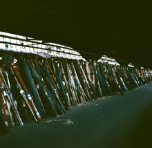 Stockholms Centralstation. Skidor uppställda på perrongen för norrgående tåg