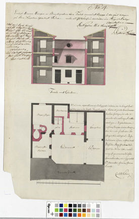 Bygglovsritning på papper i rött och grått