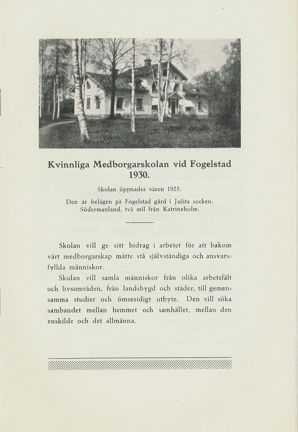 Kvinnliga medborgarskolan vid Fogelstad verksamhetsberättelse 1930