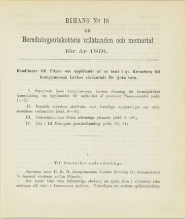 Framsida ur det tryckta bihangen med rubrik och lista över de 4 handlingarna som ingår och de första raderna i föreningens skrivelse.