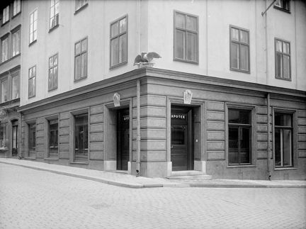 Vi ser hörnet och bottenvåningen av ett hus från 1700-talet. I bottenvåningen är ett apotek inrymt. På hörnet ovanför apotekets två entrédörrar sitter en fasadskulptur i form av en guldfärgad korp.  
