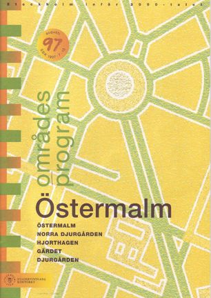 Framsida områdesprogrammet med grön och svart text mot förenklad design av gatunät i grönt och gult