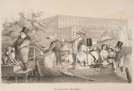 Två roddarmadammer i en båt fullastad med passagerare. På bryggan står en man i hatt som försöker få sin hund att gå i båten. I bakgrunden syns Stockholms slott. Under står texten "Äro herrarne färdiga?". 