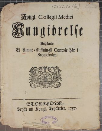 Kungörelse om ett ammeskaffningskontor här i staden 1757
