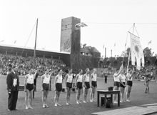 Finaldagen av SM i friidrott på Stadion. Idrottsmän står uppställda vid standar