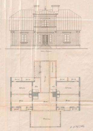 Utsnitt av ritning från 1880 som visar fasad och ett våningsplan. I tusch på transparent väv