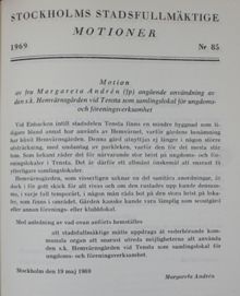 Motion angående den s. k. Hemvärnsgården vid Tensta som samlingslokal för ungdoms- och föreningsverksamhet - Stadsfullmäktige 1969