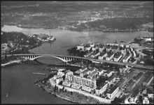 Flygbild över Fredhäll, Kristineberg och Tranebergsbron, mot norr