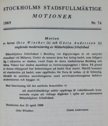 Motion angående modernisering av Mälarhöjdens friluftsbad - Stadsfullmäktige 1969