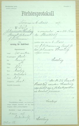 F.d. båtsmannen Bengt Johan Johansson Hessling, 51, varnad för lösdriveri 6 mars 1887 - polisförhör.