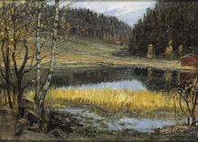 Landskap med sjö och skog