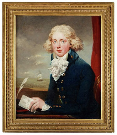 Oljemålning av en ung blond man i blå jacka och vitt krås. I handen håller han ett brev adresserat till mamma i Stockholm och bakgrunden syns ett svenskt handelsfartyg..