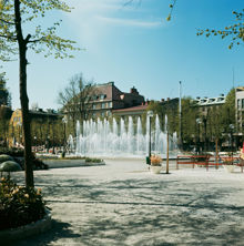 Fontäner i Kungsträdgården sedda från parkens nordöstra hörn