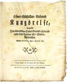 Öfwer-Ståthållare Embetets Kungörelse, angående den öfwerflödiga snöns skottande och bortförande från gatorne här i staden, wintertiden. Gifwen Stockholm then 7 januarii 1783.