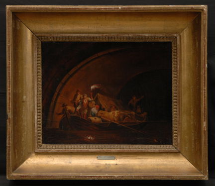 Ett nattligt landskap med en båt som passerar under en bro. Det sitter människor i båten och de förvarar boskap under en presenning