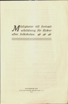 Broschyr om möjliga utbildningar för flickor efter folkskolan 1918