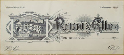Svartvitt fakturahuvud med med bild på tobaksfabrik samt text.