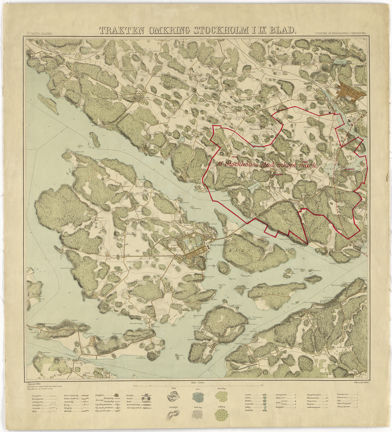 Tryck i gärg, med skog i grönt, vatten i blått och förklaring med bilder över symboler och streckningar under kartbilden.
