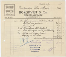 Kvitto från Bergkvist & Co Möbelsnickeri som den judiska societetskvinnan Irene Strauss sparade