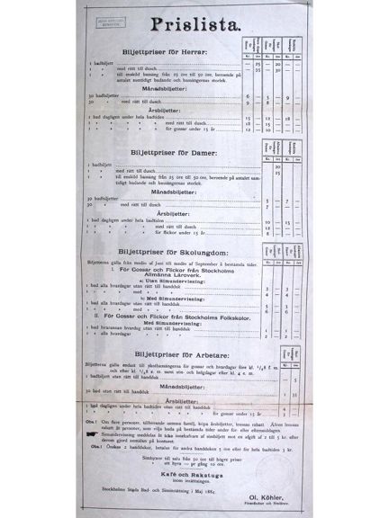 Stockholms stads bad- och siminrättning – Prislista 1884
